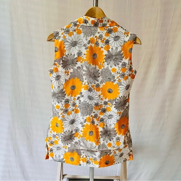 SOLD. Vintage 60s Homemade Sleeveless Button-Up Blouse Collar Gold Floral Medium - Picture 7 of 9
